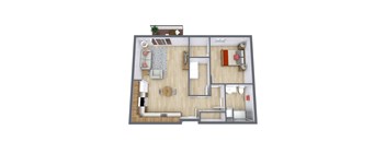 A top-down view of a living room with a couch, coffee table, and a potted plant.