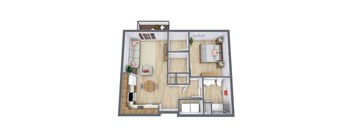 A top-down view of a small apartment with a living room, kitchen, and bedroom.
