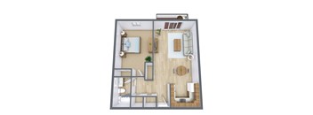 A top-down view of a small apartment with a living room, kitchen, and bathroom.