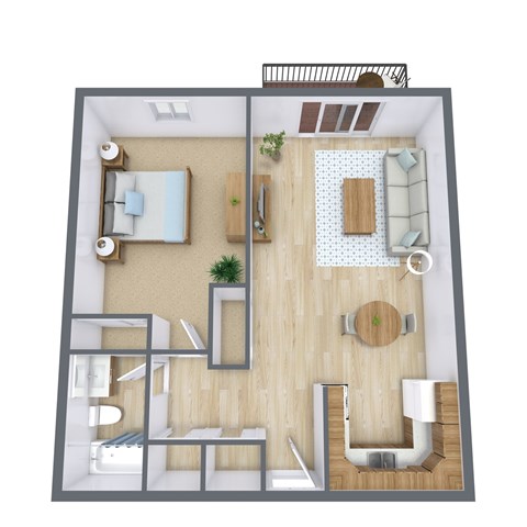 A top-down view of a small apartment with a living room, kitchen, and bathroom.