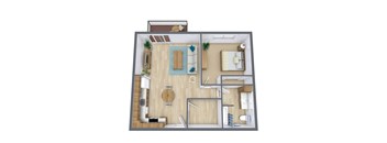 A top-down view of a small apartment with a living room, kitchen, and bathroom.