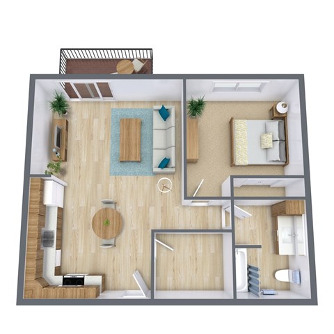 A top-down view of a small apartment with a living room, kitchen, and bathroom.