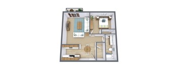 A 3D floor plan of a small apartment with a kitchen, living room, and bathroom.