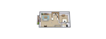A 3D rendered image of a house layout.