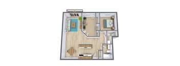 A top down view of a house interior with a kitchen, living room, and bedrooms.