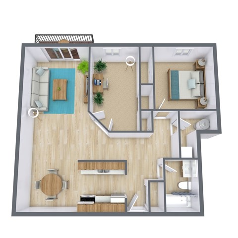 A top down view of a house interior with a kitchen, living room, and bedrooms.