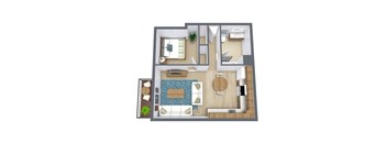 A top-down view of a modern apartment layout with a living room, kitchen, and bathroom.