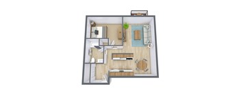 A 3D floor plan of a small apartment with a kitchen, living room, and bathroom.