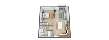 A top-down view of a modern apartment layout with a living room, kitchen, and dining area.