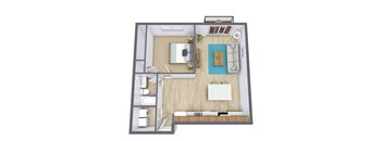 A top-down view of a small apartment with a kitchen, living room, and bathroom.