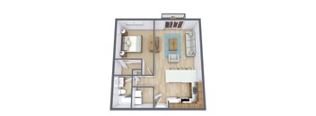 A 3D floor plan of a small apartment with a kitchen, living room, and bathroom.