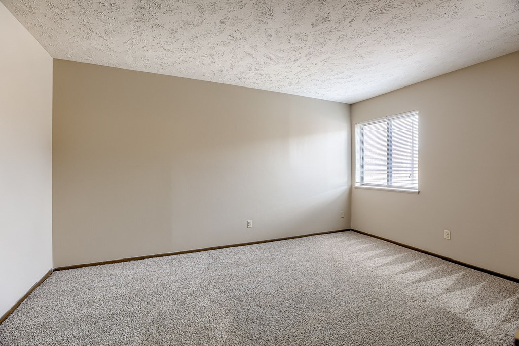 A room with a window and carpeted floor. Omaha, NE Stony Brook Apartments