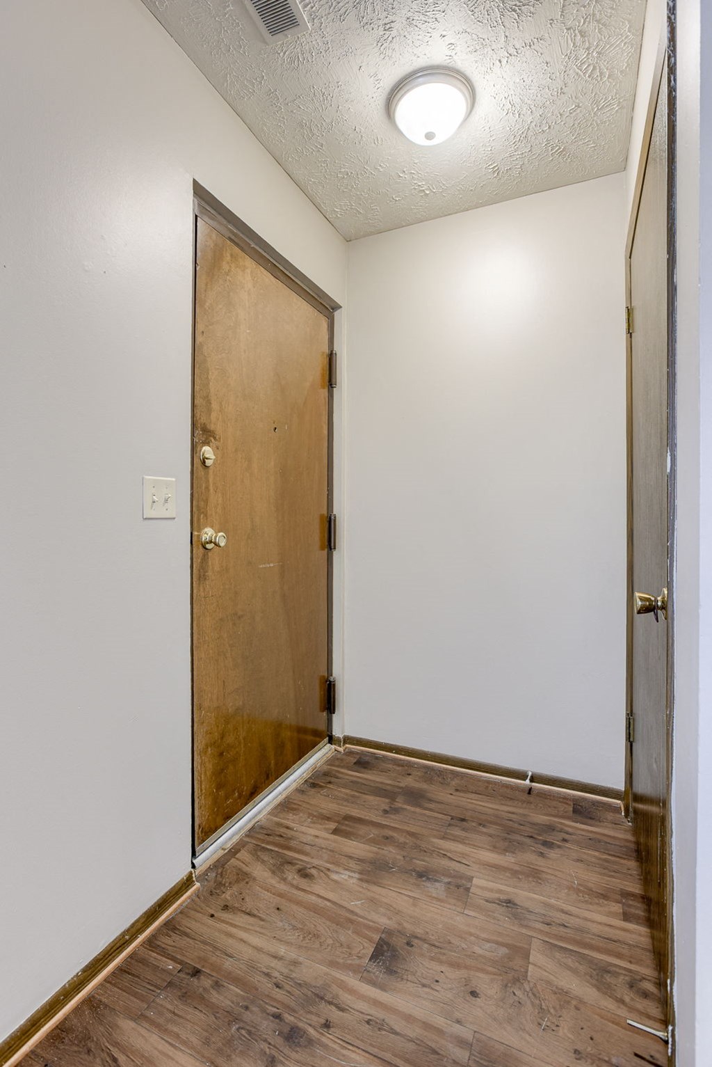 A room with a wooden door and a light on the ceiling. Omaha, NE Stony Brook Apartments