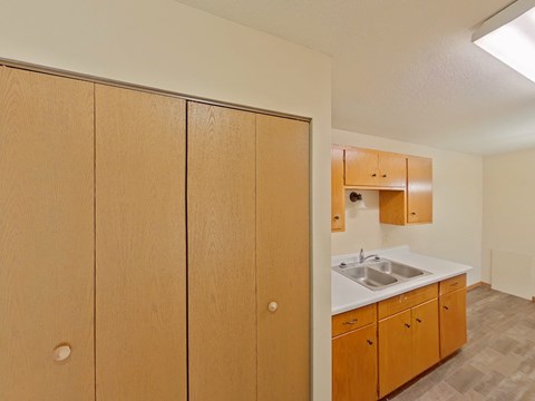 A kitchen with wooden cabinets and a sink.