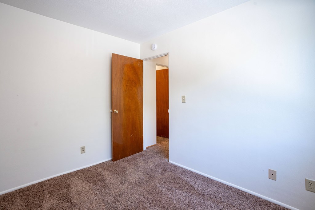 A room with a brown carpet and a brown door. Fargo, ND Morningside Apartments