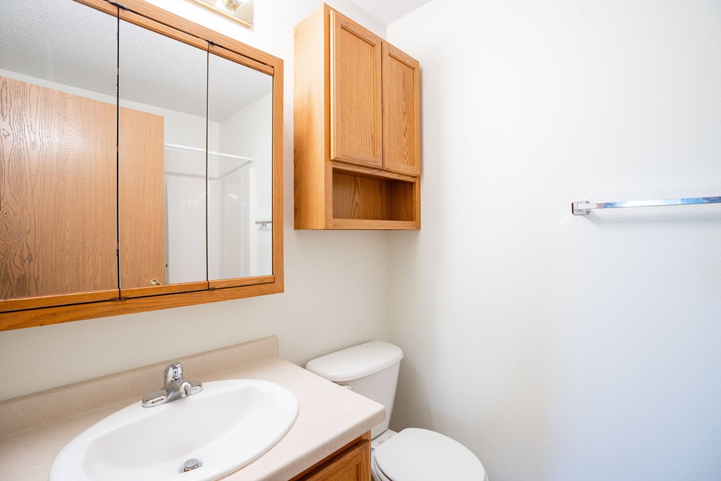 A white toilet sits next to a sink in a small bathroom. Bismarck, ND Sierra Ridge Apartments