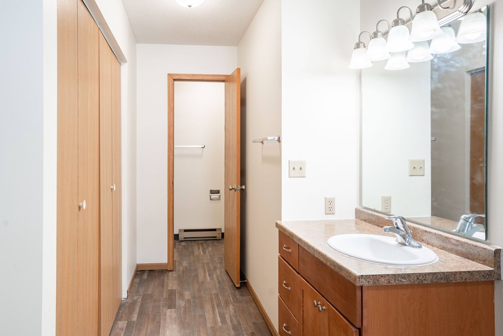 A bathroom with a sink, mirror, and wooden cabinets. Fargo, ND Long Island Apartments