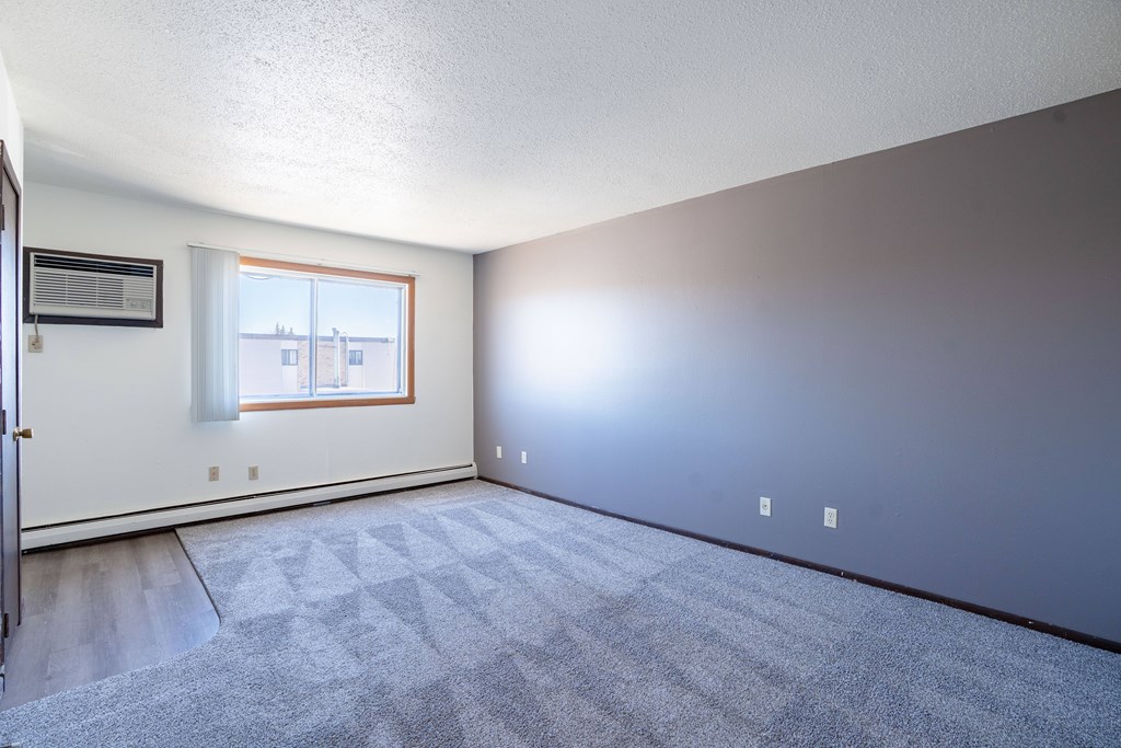 A room with a carpeted floor and a window.