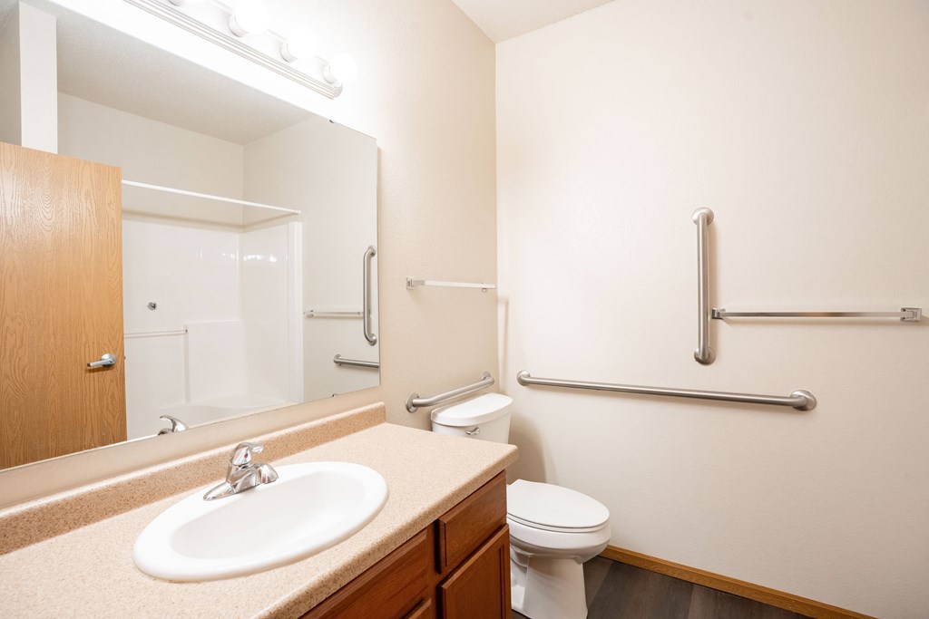 A bathroom with a toilet, sink, and mirror. Fargo, ND North Sky II Apartments