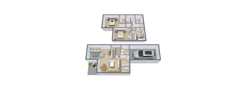 A 3D floor plan of a house with two bedrooms, a living room, a kitchen, a dining room, a bathroom, and a garage.