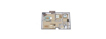 A 3D floor plan of a house with a kitchen, living room, and bedrooms.