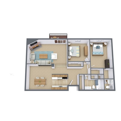 A 3D floor plan of a house with a kitchen, living room, and bedrooms.