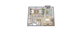A top-down view of a house layout with a kitchen, living room, and bathroom.