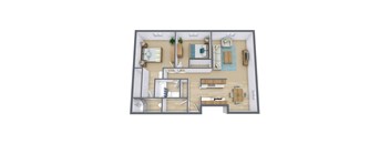 A 3D floor plan of a house with multiple rooms and furniture.
