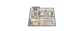 A 3D floor plan of a house with a living room, kitchen, dining room, and bedrooms.