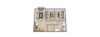 A 3D floor plan of a house with a kitchen, living room, and two bedrooms.