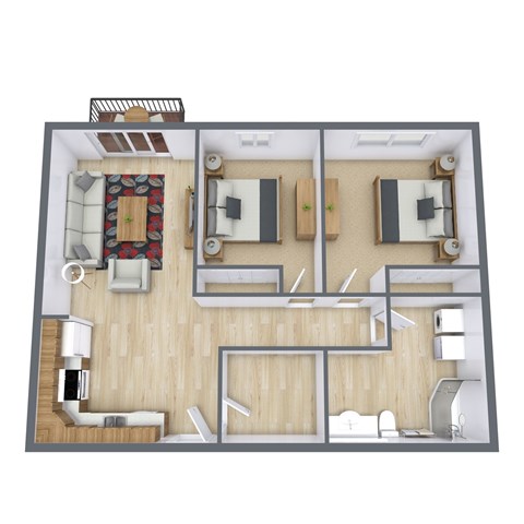 A 3D floor plan of a house with a kitchen, living room, and two bedrooms.