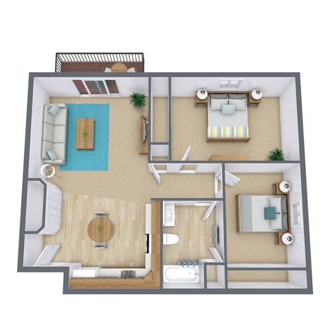 A 3D floor plan of a house with a living room, kitchen, dining room, and bathroom.