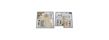 A floor plan of a two-bedroom apartment with a living room, kitchen, and bathroom.