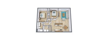 A top-down view of a house interior with a kitchen, living room, and bedrooms.