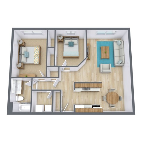 A top-down view of a house interior with a kitchen, living room, and bedrooms.