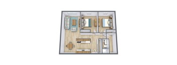 A 3D floor plan of a house with a kitchen, living room, and dining area.