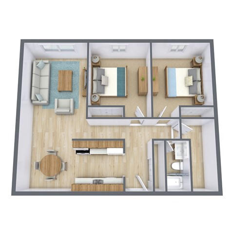 A 3D floor plan of a house with a kitchen, living room, and dining area.