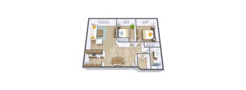 A 3D floor plan of a house with a living room, kitchen, and two bedrooms.