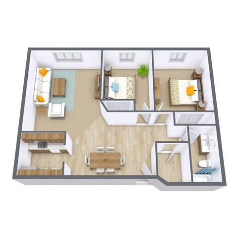 A 3D floor plan of a house with a living room, kitchen, and two bedrooms.