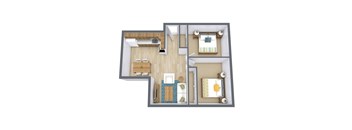 A 3D rendered image of a house layout.