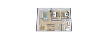 A 3D floor plan of a small apartment with a kitchen, living room, and bathroom.