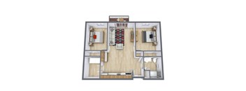 A top down view of a house interior with a living room, dining room, kitchen, and bathroom.