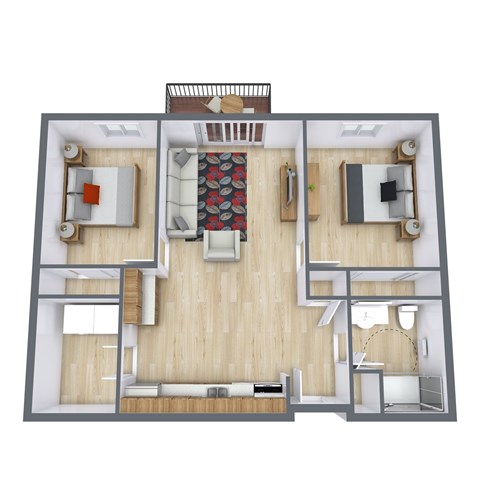 A top down view of a house interior with a living room, dining room, kitchen, and bathroom.