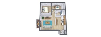 A 3D floor plan of a house with a living room, kitchen, and bathroom.