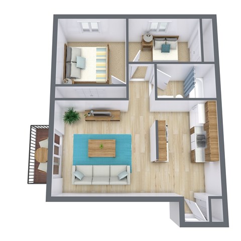 A 3D floor plan of a house with a living room, kitchen, and bathroom.