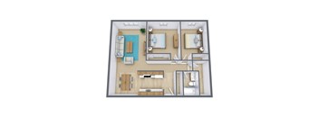 A 3D floor plan of a house with a living room, kitchen, dining room, and bathroom.