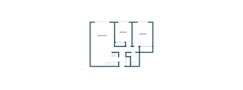 A floor plan of a room with a living room, two bedrooms, and a bathroom.