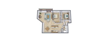 A top-down view of a house layout with a living room, dining room, kitchen, and bedrooms.