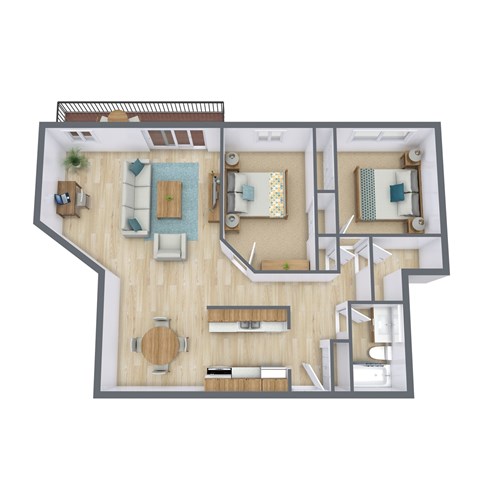 A top-down view of a house layout with a living room, dining room, kitchen, and bedrooms.