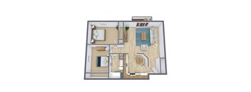 A top-down view of a house layout with a living room, kitchen, and two bedrooms.
